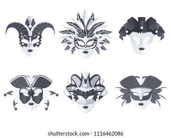 Set of six different carnival and festive masks completely covering the face in dark tone on a white background. Vector illustration