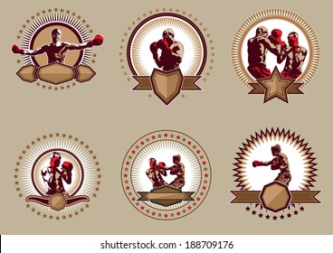 Set of six different circular vector boxing icons or emblems showing a single boxer fighting, two boxers sparring and a champion with raised arms with blank shields and banners below for copy-space