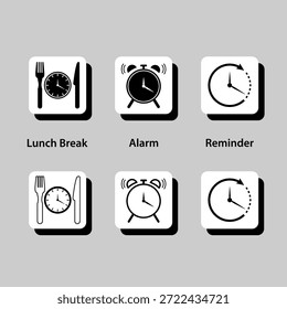 A set of six different clock icons, each with a different time displayed