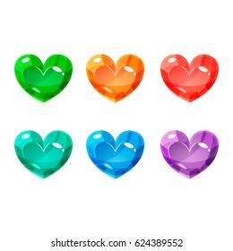 Set of six different color heart shaped crystals, gemstones, gems, diamonds. Vector gui assets collection for game design isolated on white background.