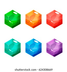Set of six different color hexagon crystals, gemstones, gems, diamonds. Vector gui assets collection for game design isolated on white background.
