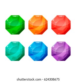 Set of six different color octagon crystals, gemstones, gems, diamonds. Vector gui assets collection for game design isolated on white background.