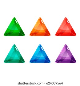 Set of six different color triangle crystals, gemstones, gems, diamonds. Vector gui assets collection for game design isolated on white background.