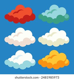 A set of six different colored clouds against a blue background