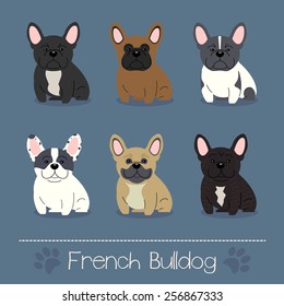 Set of six different colors French Bulldog. Funny and sad cartoon character.