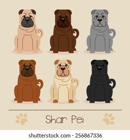 Set of six different colors Shar Pei. Funny cartoon character.