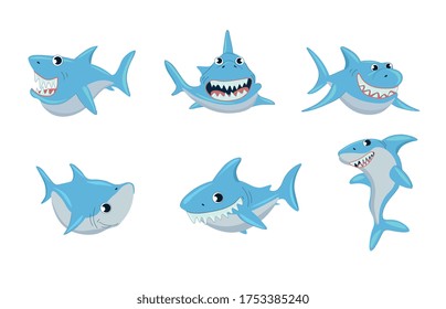 Set of six different cute blue shark cartoon characters showing their teeth while swimming underwater isolated on white, colored vector illustration