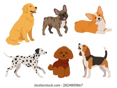 A set of six different dog breeds illustrated in a simple flat graphic style.