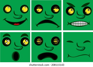 a set of six different face expressions in green faces