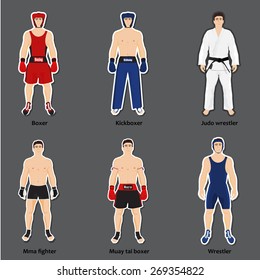 Set of six different fighters in sports equipment