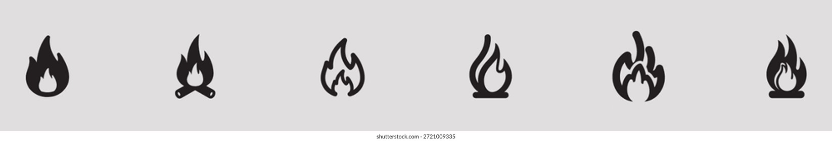 Un conjunto de seis diferentes iconos de llama en silueta negra sobre un fondo gris claro