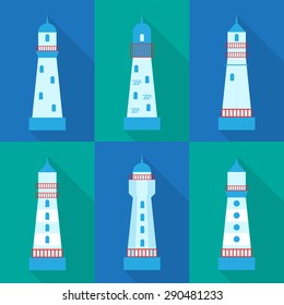 Set of six different flat lighthouses. Vector illustration.
