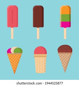 Set of six different flavors of ice cream on a blue background