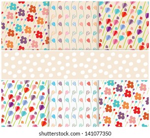 Set of six different floral seamless background patterns with colourful multicoloured spring or summer flowers