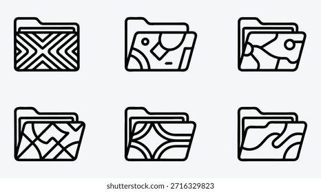 Conjunto de seis iconos de carpeta diferentes con patrones abstractos