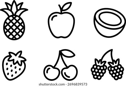 Un conjunto de seis frutas diferentes en estilo de línea. Piña, manzana, coco, fresa, cereza y mora. Ilustración vectorial aislada sobre fondo blanco. Concepto de comida saludable.