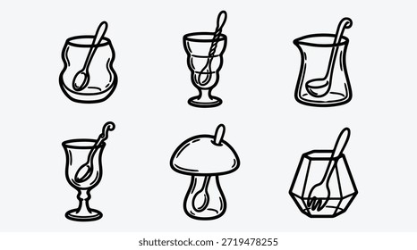 Conjunto de seis vasos diferentes con cucharas para bebidas y alimentos