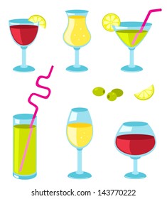 Set of six different glasses for wine. Vector cartoon illustration.