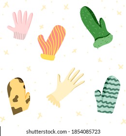 Conjunto de seis mitones y guantes diferentes dibujados a mano