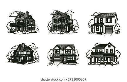 Conjunto de seis estilos diferentes de casa com árvores e nuvens