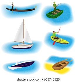 Set of six different kind boats isolated on a white background. Sail yacht, gondola, inflatable fishing boat, kayak, motorboat and rowing boat collection. Flat vector illustration.