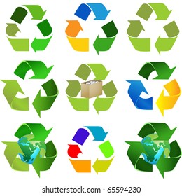 Set of six different kind of recycling sign, symbol isolated on white vector