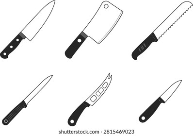Set of six different kitchen knives with transparent background illustration