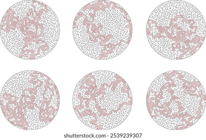 Conjunto de seis laberintos complejos Grandes redondos diferentes. Vector laberintos circulares. Difícil rompecabezas de la educación con la tarea de buscar salida o encontrar el camino al centro del laberinto. Solución incluida