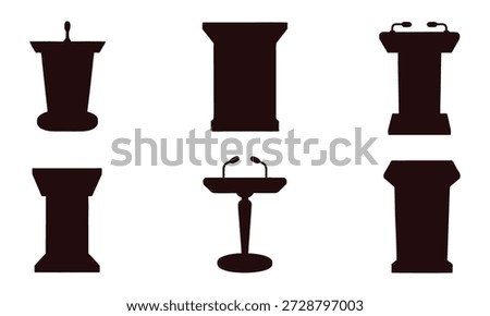 Set of six different lectern silhouettes for presentations and speeches public speaking various podium shapes and microphone setups
