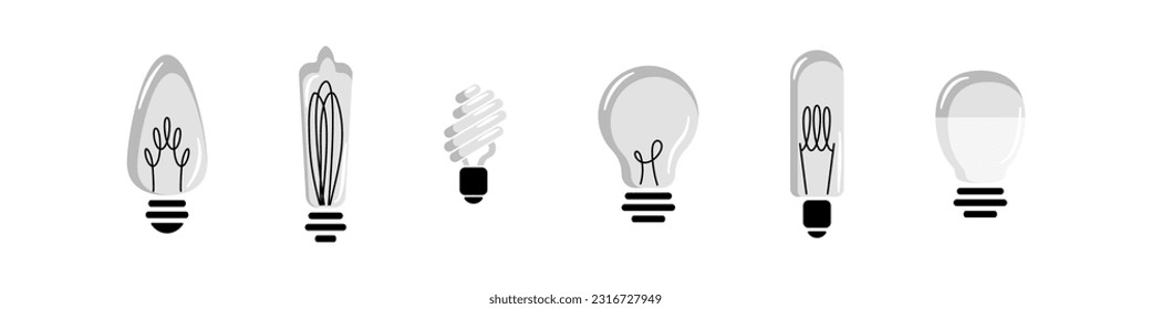 Eine Reihe von sechs verschiedenen Glühbirnen auf weißem Hintergrund. Vektorlampen im minimalistischen Stil. Symbol der Ideen, Problemlösung, Idee, Bewältigung des Problems. Konzept der Lampe, Licht.