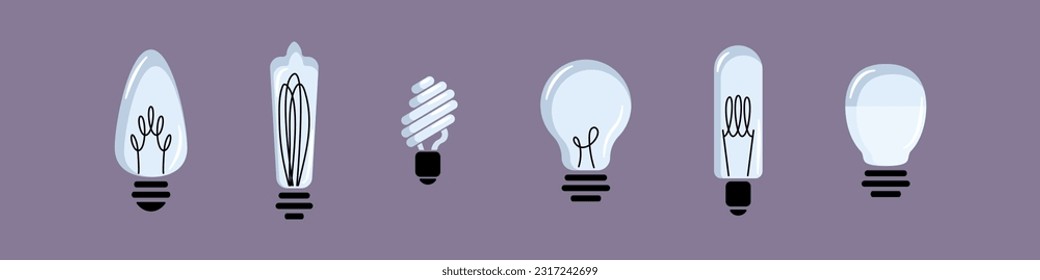 A set of six different light bulbs. Vector light bulbs in a minimalist style. Symbol of ideas, problem solving, idea, coping with the problem. Concept of lamp, light.