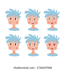 A set of six different male emotions. The young mans face expresses surprise, anger, bewilderment, a neutral smile and love. Emotions of a male character for animation. Mascot for the brand.