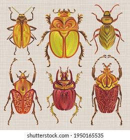 A set of six different multi-colored embroidered beetles on a linen background. . Decorative element for embroidery, patches, stickers, badges, print for t-shirts.