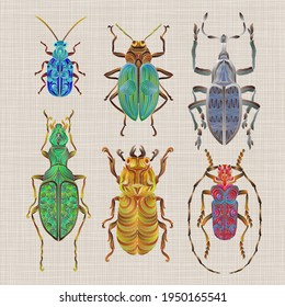 A set of six different multi-colored embroidered beetles on a linen background. . Decorative element for embroidery, patches, stickers, badges, print for t-shirts.