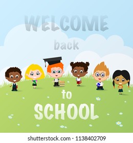 Set of six different pupils isolated on nature background with Back to school text
