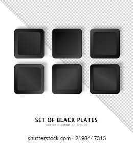 Conjunto de seis platos realistas diferentes. 3d burla de modernos platos cuadrados negros, vajilla, utensil. Plantilla de utensilios de cocina vacíos aislados en fondo blanco y transparente. 