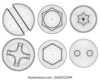Um conjunto de seis cabeças de parafuso diferentes, incluindo uma estrela, são mostradas em um desenho preto e branco