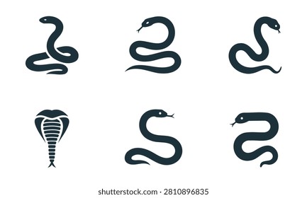 Set of six different snake silhouettes in various poses and shapes reptiles