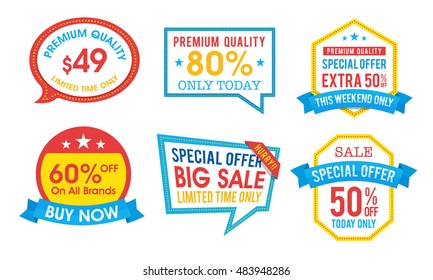 Conjunto de seis etiquetas, etiquetas, etiquetas o distintivos diferentes para las ofertas de venta y descuento.