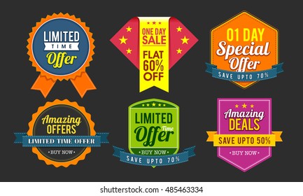 Set of six different stickers, tags, labels or badges design for Sale and Discount Offers.