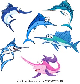 A set of six different swordfish. Vector of swordfish. Set of swordfish isolated in a white background. Collection of swordfishes.