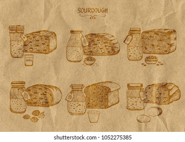 A set of six different types of bread sourdough. Painted in ink on kraft paper in vintage style. Healthy eating theme