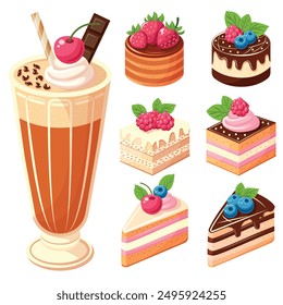 A set of six different types of cakes and a glass of chocolate milk. The cakes are of various sizes and flavors, including chocolate, strawberry, and blueberry