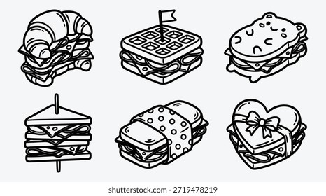 Ein Satz von sechs verschiedenen Arten von Sandwiches mit verschiedenen Brötchen und Belägen