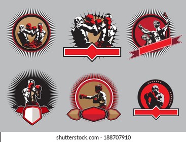 Set of six different vector boxing icons or emblems showing a single boxer fighting, two boxers sparring and a champion with raised arms, some with shields and banners