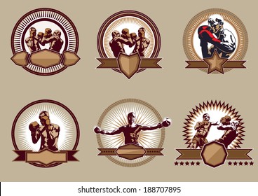 Set of six different vector combative sport icons or emblems showing a single boxer fighting, two boxers sparring and a champion with raised arms, some with shields and banners