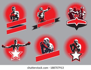 Set of six different vector combative sport icons or emblems showing a single boxer fighting, two boxers sparring and a champion.