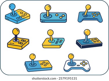 A set of six different video game controllers, each with a different color and design. The controllers are arranged in a grid, with some overlapping and others standing alone. Scene is playful and fun