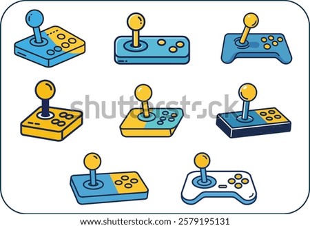 A set of six different video game controllers, each with a different color and design. The controllers are arranged in a grid, with some overlapping and others standing alone. Scene is playful and fun