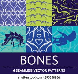 set of six dinosaur skeleton inspired seamless vector patterns